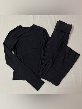 SKIMS Cotton Jersey Long Sleeve T-shirt Top Tee + Foldover Flare Pants Set Black